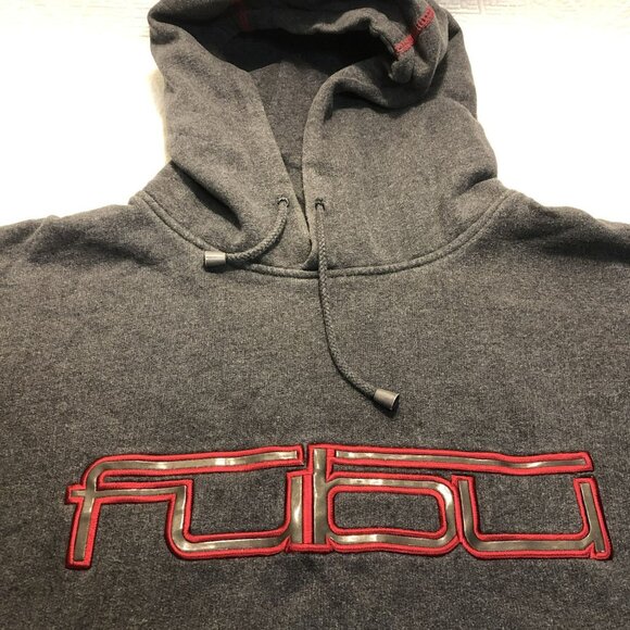 Fubu Charcoal Gray Hoodie Sweatshirt Red Accents Drawstring Hood Mens Size L - Picture 3 of 12
